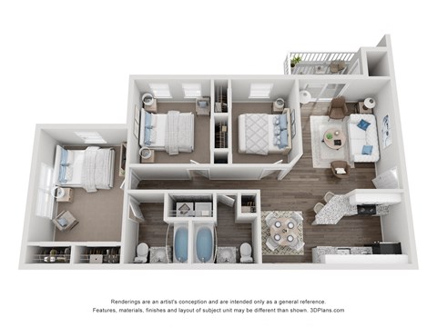 Floor plan for 3 beds, 2 baths, 1224 sqft